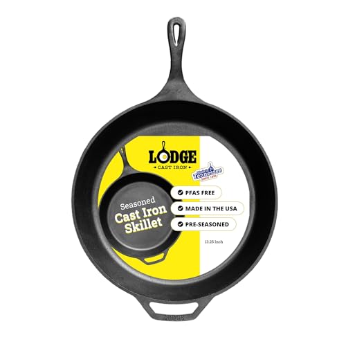 Lodge Seasoned Cast Iron Skillet 13.25 Inches - PFAS-Free, Non-Toxic Cookware - Use with an Oven, Stove, Grill, or Campfire - Naturally Non-Stick & Oven Safe
