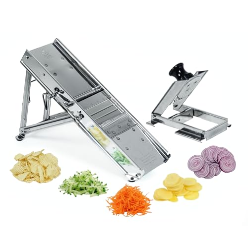 Bron Coucke – Professional Stainless Steel Mandoline with Protective Carriage – 2 Integrated Cutting Blade Units (3 mm & 10 mm) – Smooth & Corrugated Blades – Adjustable – Multi-Function