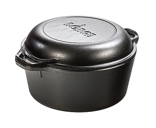 Lodge Cast Iron Double Dutch Oven 5 Quart - Pre-Seasoned 2-in-1 Cast Iron Cookware - Pot & Skillet Combo - Even Heat Retention - Oven-Safe, Versatile Pot