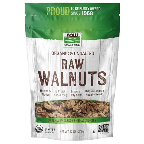 NOW Foods, Certified Organic Walnuts, Raw and Unsalted, Halves and Pieces, Good Source of Protein and Healthy Fatty Acids, Certified Non-GMO, 12-Ounce (Packaging May Vary)