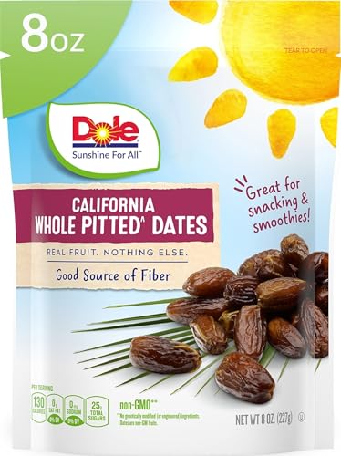 Dole California Whole Pitted Dates, Dried Fruit, Gluten Free Snack, 8 Oz Bag