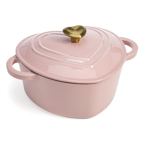 Paris Hilton Enameled Cast Iron Dutch Oven Pot with Lid, Heart-Shaped Dutch Oven, Durable Cast Iron Pot with Dual Handles, Oven Safe to 500°F, Works on All Stovetops, 2-Quart, Pink
