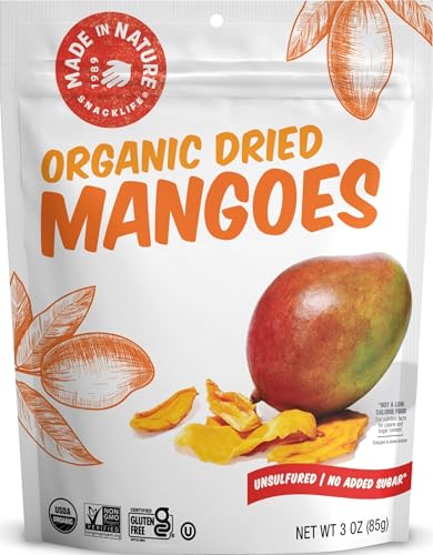 Made in Nature Organic Dried Mangoes, Non-GMO, Gluten Free, Unsulfured, Vegan Snack, 3oz (Pack of 1), Packaging May Vary
