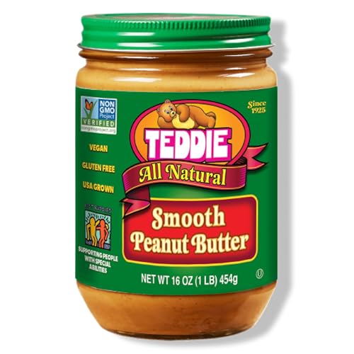 Teddie All Natural Peanut Butter, Smooth, Gluten Free & Vegan, 16 Ounce Glass (Smooth, Pack of 1)