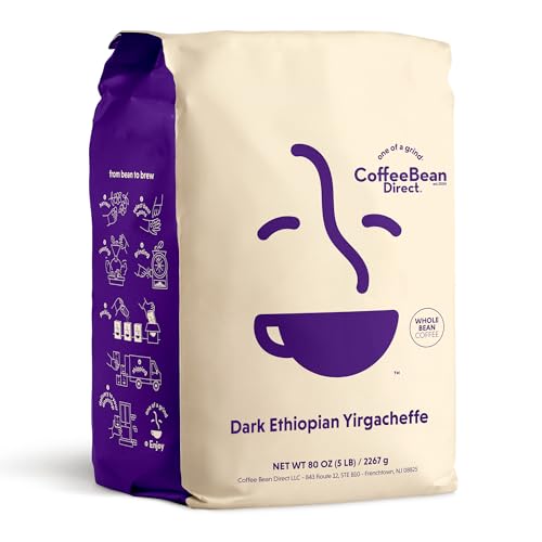 Coffee Bean Direct Dark Ethiopian Yirgacheffe, Whole Bean, 5lb Bag | Dark Roast, Single Origin Arabica Coffee Beans