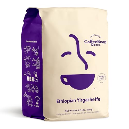Coffee Bean Direct Ethiopian Yirgacheffe, Whole Bean Coffee, Arabica Coffee, Light Roast, 5 Pound Bag (Pack of 1)