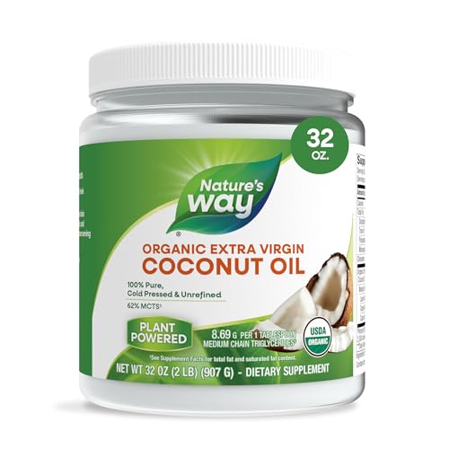 Nature's Way Organic Extra Virgin Coconut Oil, Pure, Cold-Pressed Organic Virgin Coconut Oil, Hexane Free, Gluten Free, Contains 62% MCTs(1), Non-GMO Project Verified, 32 Oz
