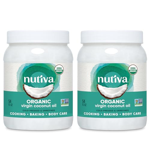 Nutiva Organic Cold-Pressed Virgin Coconut Oil, 54 Fl Oz (2 Pack) USDA Organic, Non-GMO, Whole 30 Approved, Vegan, Keto, Fresh Flavor and Aroma for Cooking & Healthy Skin and Hair