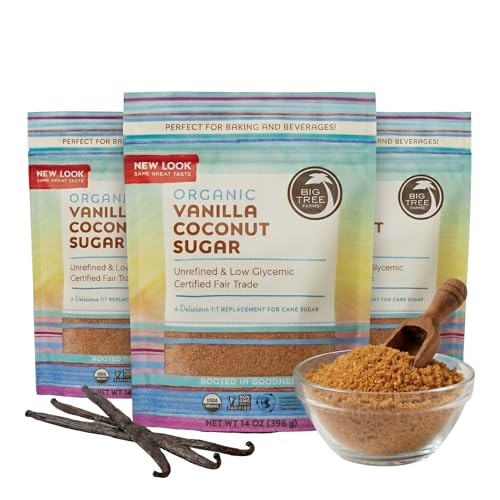 Big Tree Farms Organic Vanilla Coconut Sugar - Coconut Palm Sugar, Unrefined, Fine Crystals, Cane Sugar Replacement, Coconut Blossom Nectar, Vegan, Perfect for Baking - 14 Oz (Pack of 3)