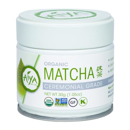 Aiya Organic Ceremonial Grade Matcha Powder - Premium Matcha Ceremonial Grade, Vibrant Jade Green Color, Mild Natural Sweetness, Japanese Tea Ceremonies - 30g Tin