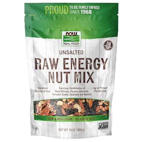 NOW Foods, Raw Energy Nut Mix, Unsalted Mix of Raisins, Walnuts, Peacans, Almonds, Pumpkin Seeds and Cashews, Great-Tasting, Source of Iron, 16-Ounce (Packaging May Vary)