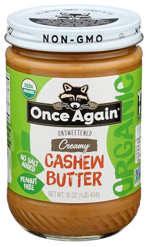 Once Again Organic Creamy Cashew Butter, 16oz - Unsweetened - USDA Organic, Gluten free Certified, Vegan, Kosher, Peanut Free - Glass Jar