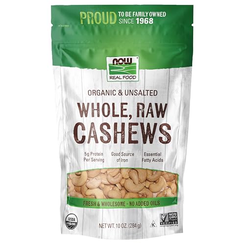 NOW Foods, Certified Organic Cashews, Whole, Raw and Unsalted, Rich Buttery Flavor, Source of Fiber, Protein and Iron, Certified Non-GMO, 10-Ounce (Packaging May Vary)