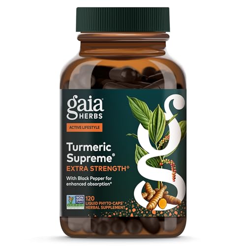 Gaia Herbs Turmeric Supreme Extra Strength - 616 mg Organic Turmeric Curcumin Supplement with Black Pepper - Supports Occasional Discomfort from Normal Wear & Tear* - 120 Vegan Liquid Phyto-Caps