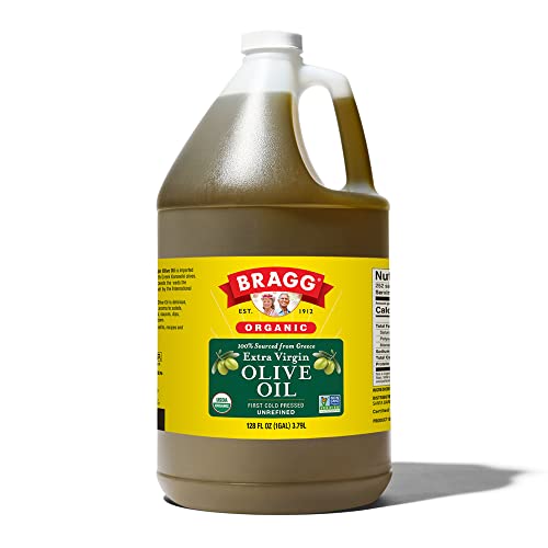 Bragg Organic Extra Virgin Olive Oil – Made with Greek Koroneiki Olives – Cold Pressed EVOO for Marinades & Vinaigrettes – USDA Certified, Non-GMO, Kosher (128 fluid Ounce)