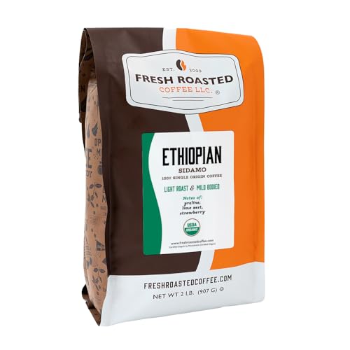 Fresh Roasted Coffee, Organic Ethiopian Natural Whole Bean Coffee, Light Roast, USDA Organic, 100% Single Origin, Kosher, 2 lb (32 oz)