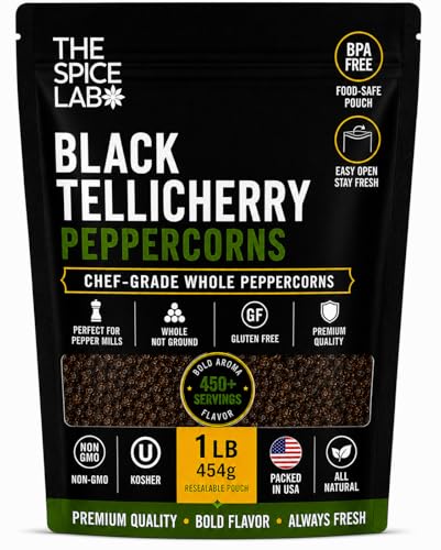 Tellicherry Black Peppercorns for Grinder Refill - Packed in the USA - Steam Sterilized Kosher Non-GMO All Natural Whole Black Peppercorn (1Lb Bag) By The Spice Lab