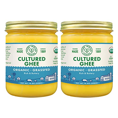 Grassfed Organic Cultured Ghee - by Pure Indian Foods, 14 oz, Pasture Raised, Lactose Free, Gluten-Free, Non-GMO, Paleo, Keto-Friendly, Batch Tested for Casein and Whey (Pack of 2)