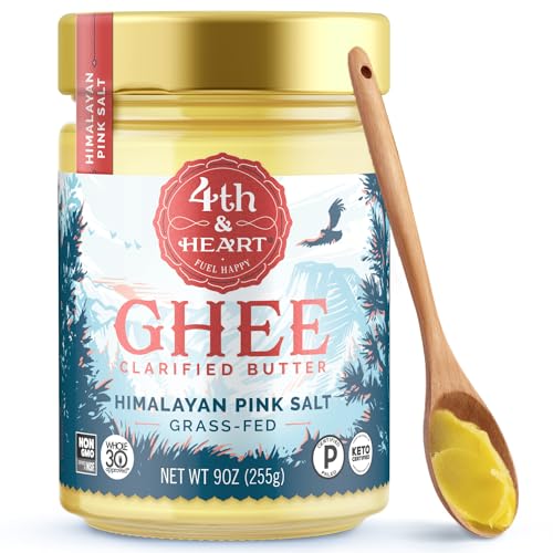 4th & Heart Himalayan Pink Salt Grass-Fed Ghee, Clarified Butter, 100% Butter Fat, Pasture-Raised, Lactose & Casein Free, High Smoke Point Cooking Oil, Keto & Paleo Friendly, 9 oz