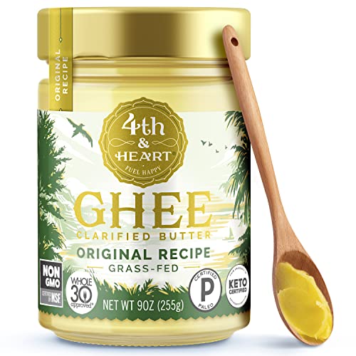 4th & Heart Original Grass-Fed Ghee, Clarified Butter, 100% Butter Fat, Pasture-Raised, Lactose & Casein Free, High Smoke Point Cooking Oil, Keto & Paleo Friendly, 9 oz