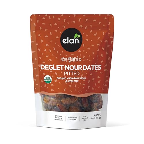 Elan Organic Pitted Dates, 6.5 oz, Naturally Sweet Dried Fruits, No Pits, No Sugar Added, No Sulphites, Non-GMO, Vegan, Gluten-Free, Kosher, Deglet Noor Dried Dates