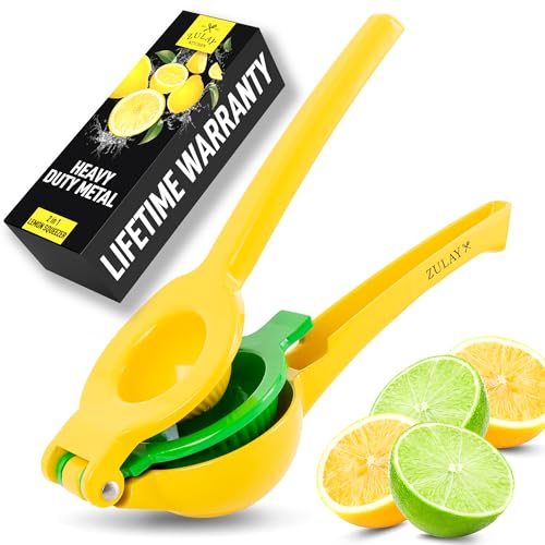 Zulay Metal 2-In-1 Lemon Squeezer Manual - Sturdy, Max Extraction Hand Juicer Lemon Squeezer Gets Every Last Drop - Easy to Clean & Use Citrus Juicer-Yellow/Green