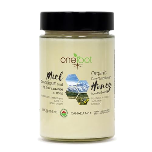 Oneroot 100% Organic Canadian Wildflower Honey - 17.6 Oz/1.1 Lbs, Unheated & Creamed - Nutrient-Rich, Natural Sweetener with Enzymes - Thick & Pure Raw Unfiltered Honey