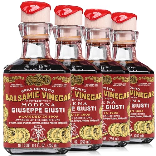 Giusti 3 Gold Medals Balsamic Vinegar of Modena IGP - 8.45 fl oz, 4 Pack | Dense & rich, matured in oak barrels, cork & red wax seal, Giuseppe Giusti Gran Deposito, for salads, cheese & meat, gift