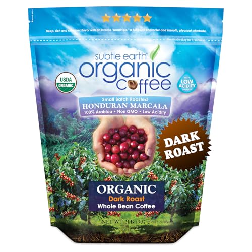 2LB Subtle Earth Organic Coffee - Dark Roast - Whole Bean Coffee - 100% Arabica Beans - Low Acidity and Non-GMO - 2lb bag