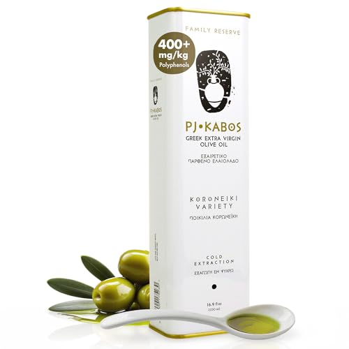 P.J. KABOS Fresh 2025/26 Harvest, High Phenolic (400+mg/kg), Natural Greek Extra Virgin Olive Oil, Kosher, Greece, Cold Extracted, 16.9 oz Tin, Koroneiki, "Family Reserve -Medium"