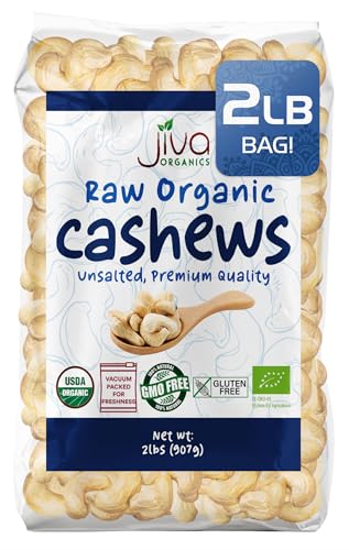 Organic Raw Cashews 2 LB Bag, Gluten-Free, Non-GMO, Vegan, Whole Raw Nuts, Unsalted, Unroasted, Crunchy & Healthy Snack, For Baking & Cooking by Jiva Organics