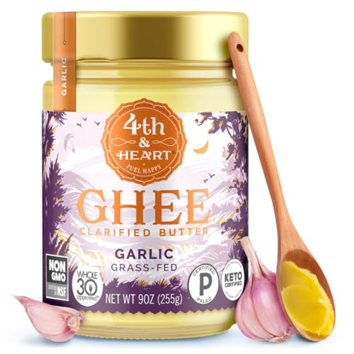 4th & Heart California Garlic Grass-Fed Ghee, Clarified Butter, 100% Butter Fat, Pasture-Raised, Lactose & Casein Free, High Smoke Point Cooking Oil, Keto & Paleo Friendly, 9 oz