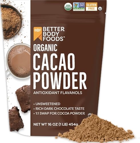 BetterBody Foods Organic Cacao Powder, Rich Chocolate Flavor, Non-GMO, Gluten-Free, Cocoa, 16 ounce, 1 lb bag