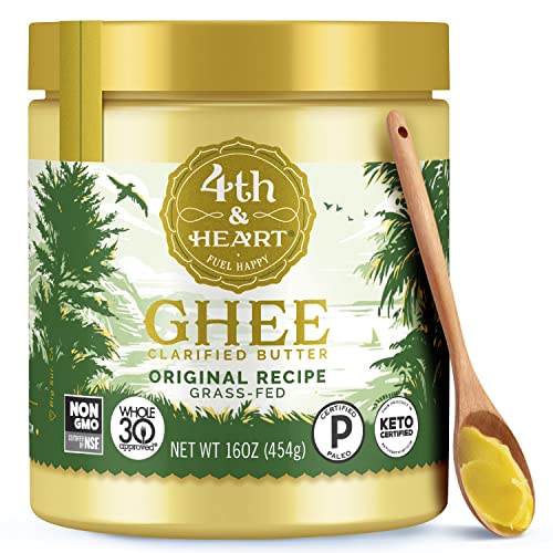 4th & Heart Original Grass-Fed Ghee, Clarified Butter, 100% Butter Fat, Pasture-Raised, Lactose & Casein Free, High Smoke Point Cooking Oil, Keto & Paleo Friendly, 16 oz