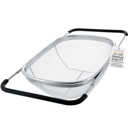 U.S. Kitchen Supply Stainless Steel Colander Strainer - 6-Quart Collapsible Colander with Expandable Rubber Handles - Rectangular Sieve, Fine Mesh Stainless Steel Strainers and Colanders for Kitchen