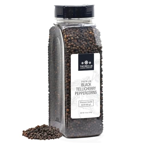Tellicherry Black Peppercorns for Grinder Refill - Packed in the USA - Steam Sterilized Kosher Non-GMO All Natural Whole Black Pepper (1.12 Pound Jar) By The Spice Lab
