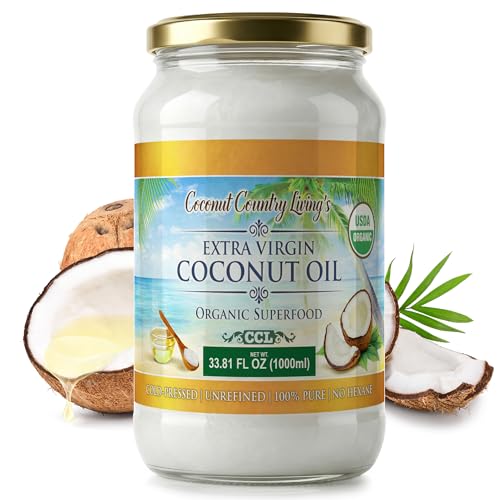Coconut Country Living's Extra Virgin Coconut Oil in Glass Jar- Cold Pressed, Unrefined organic Superfood for Hair, Skin, Beauty, Cooking - Keto & Paleo Diet Friendly - 33.81 oz
