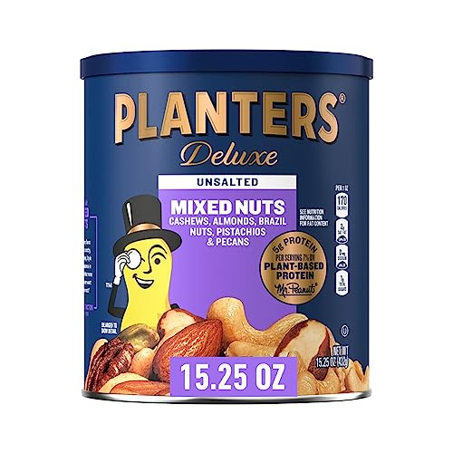 PLANTERS Unsalted Mixed Nuts, Cashews, Pistachios, Almonds, Brazil Nuts, and Pecans, 5g (7% DV) Plant-Based Protein Snacks, 15.25 oz Canister