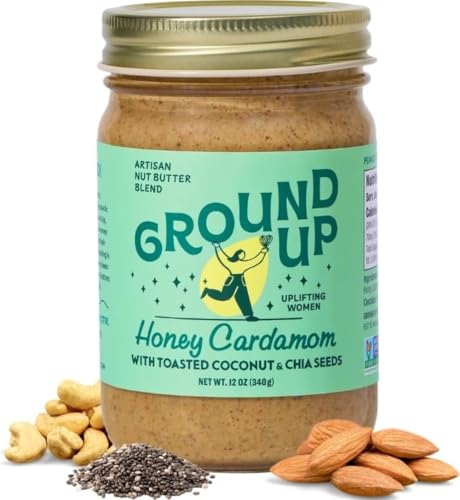 Ground Up Almond & Cashew Nut Butter - Honey Cardamom With Chia Seed - Peanut-Free, Dairy-Free, Gluten-Free, Vegan - 1 Jar 12oz