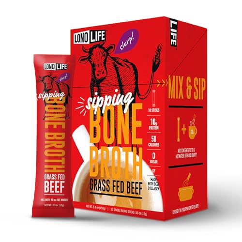 LonoLife Beef Bone Broth Powder Mix | Grass-Fed, 10g Protein | Collagen-Rich, Keto & Paleo Friendly | Natural Ingredients | 10 Portable Stick Pack Servings