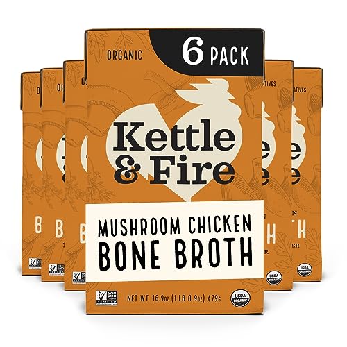 Kettle and Fire Mushroom Chicken Bone Broth, Keto, Paleo, Whole 30 Approved, Gluten Free, 19g of Protein, Natural Source of Collagen, Pack of 6