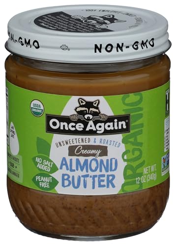 Once Again Creamy Organic Almond Butter No Sugar, Roasted - Single Ingredient Nut Butter, No Palm Oil, No Salt - Glass Jar, Non-GMO, Gluten Free, Vegan (12 oz Glass Jar)