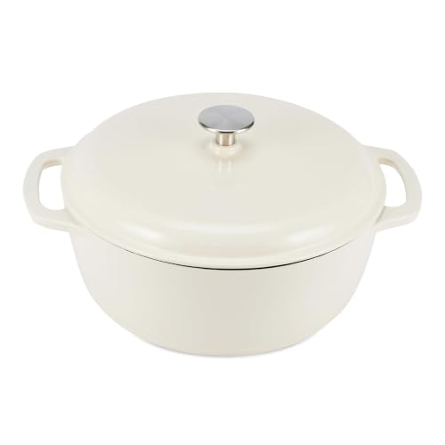 Amazon Basics Enameled Cast Iron Dutch Oven Pot with Lid, Round, Dual Handles, Heavy-Duty, Oven Safe for Stews, Roasting, Baking, 4.3-Quart, White