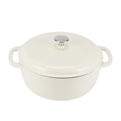 Amazon Basics Enameled Cast Iron Dutch Oven Pot with Lid, Round, Dual Handles, Heavy-Duty, Oven Safe for Stews, Roasting, Baking, 7.3-Quart, White