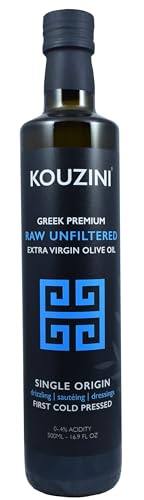 Kouzini Unfiltered Raw Extra Virgin Greek Olive Oil, Greek Extra Virgin Cold Pressed Olive Oil, Single Origin, High Polyphenols, Authentic Taste, Rich Flavor & Aroma, 500ml Glass Bottle