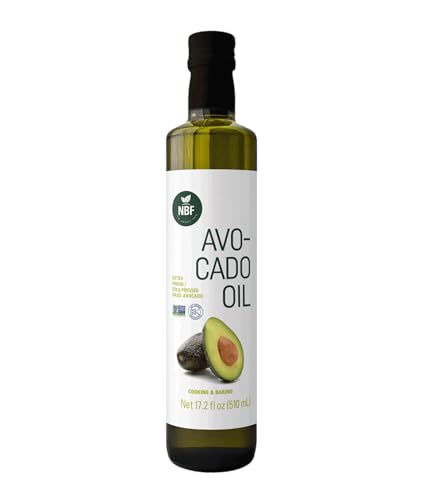 NBF NATURA BIO FOODS - Extra Virgin Avocado Oil | Cold Pressed for Cooking | High Heat Tolerance | Rich in Omega 3, 6, 9 & Vitamin E | Ideal for Keto & Dressings, 17.2 Fl Oz