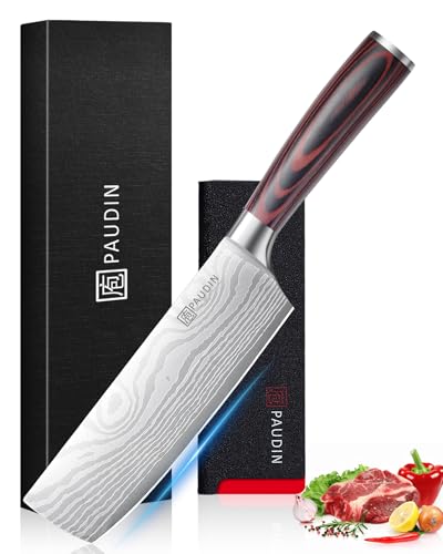 PAUDIN Nakiri Knife - 7" Razor Sharp Meat Cleaver and Vegetable Kitchen Knife, High Carbon Stainless Steel, Multipurpose Asian Chef Knife for Home and Kitchen with Ergonomic Handle
