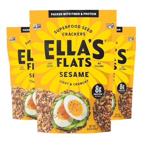 ELLA’S FLATS® Sesame All Seed Savory Crisps – All Natural, Gluten Free, Good Source of Protein, High Fiber, Vegan and Keto Friendly (3 Pack)