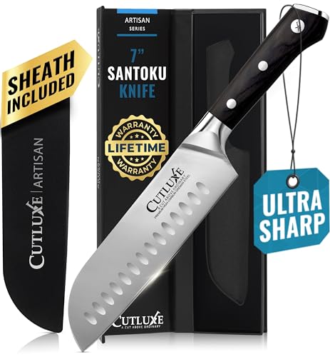 Cutluxe Santoku Knife, 7" Meat & Vegetable Chopping Knife – Sheath Included