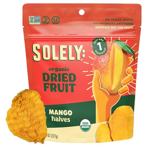 SOLELY - Organic Dried Mango Halves (8 oz Resealable Bag) - Real Fresh Fruit - 1 Ingredient - Healthy Snacks for Adults & Kids - Non GMO, Vegan Snacks, Shelf Stable - 1 Bag (8 oz)